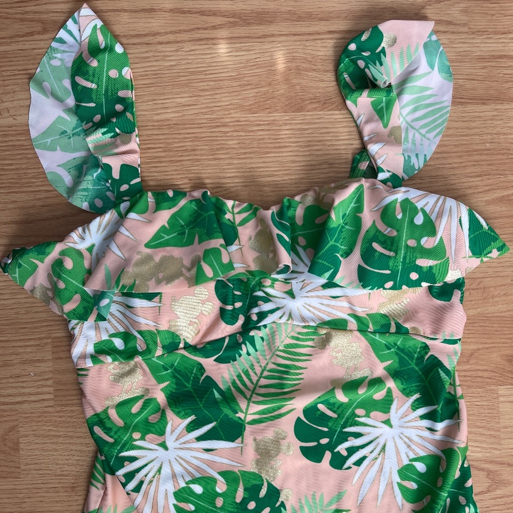 Disney Women’s One Piece Pink & Green Palm w/ Gold Mickey Swimsuit Size Large - Picture 6 of 10